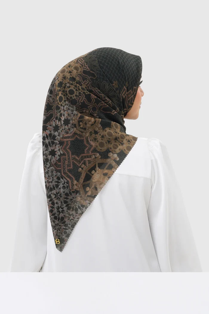 haramain 2 printed square scarf in dates by buttonscarves back view