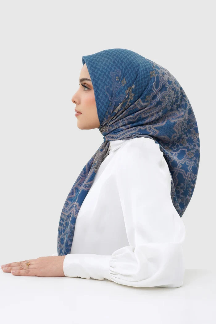 haramain 2 printed square scarf in dawn by buttonscarves side view
