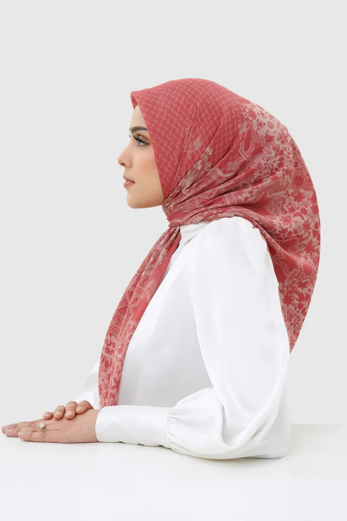 haramain 2 printed square scarf in hamra by buttonscarves side view
