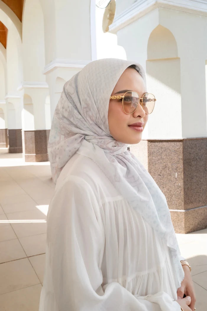 haramain 2 printed square scarf in holy by buttonscarves style look