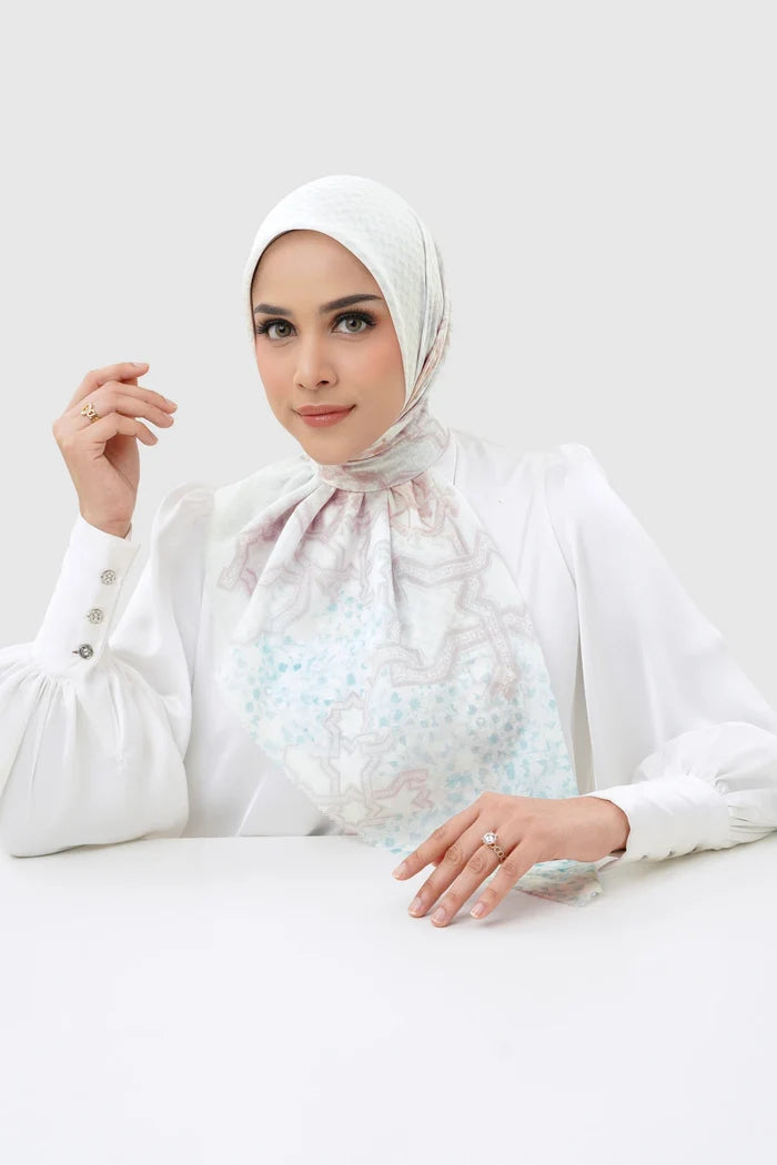 haramain 2 printed square scarf in holy by buttonscarves front view