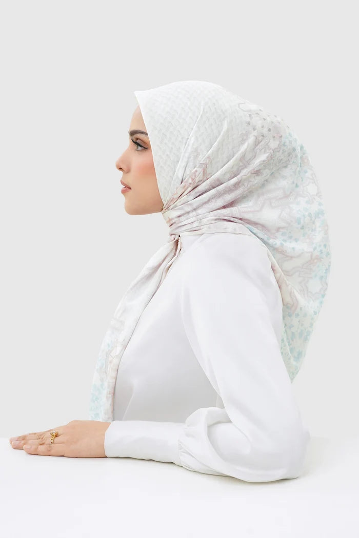 haramain 2 printed square scarf in holy by buttonscarves side view