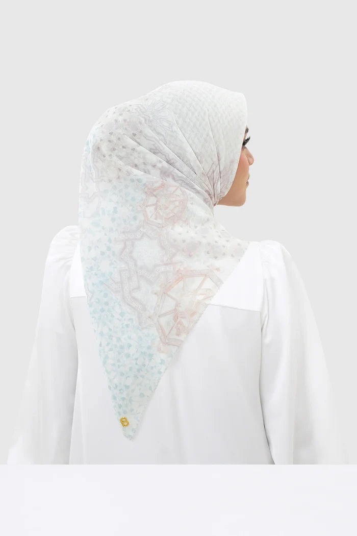 haramain 2 printed square scarf in holy by buttonscarves back view