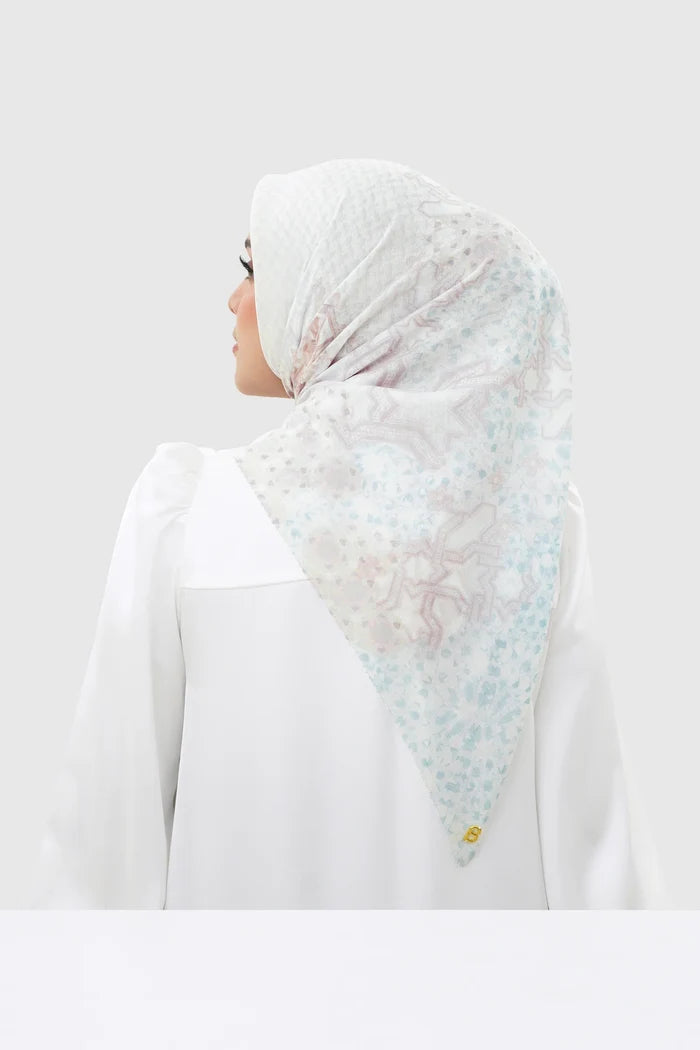 haramain 2 printed square scarf in holy by buttonscarves back view
