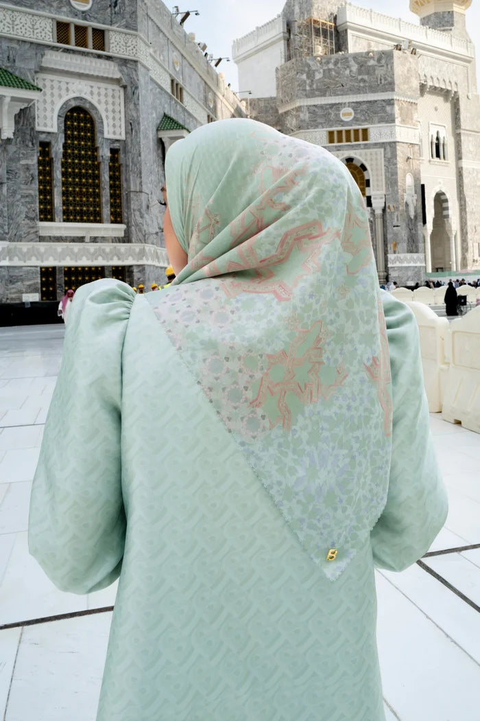 haramain 2 printed square scarf in jade by buttonscarves style look back view