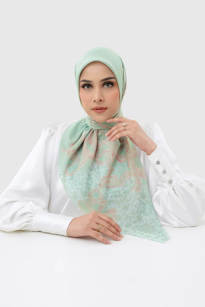haramain 2 printed square scarf in jade by buttonscarves front view