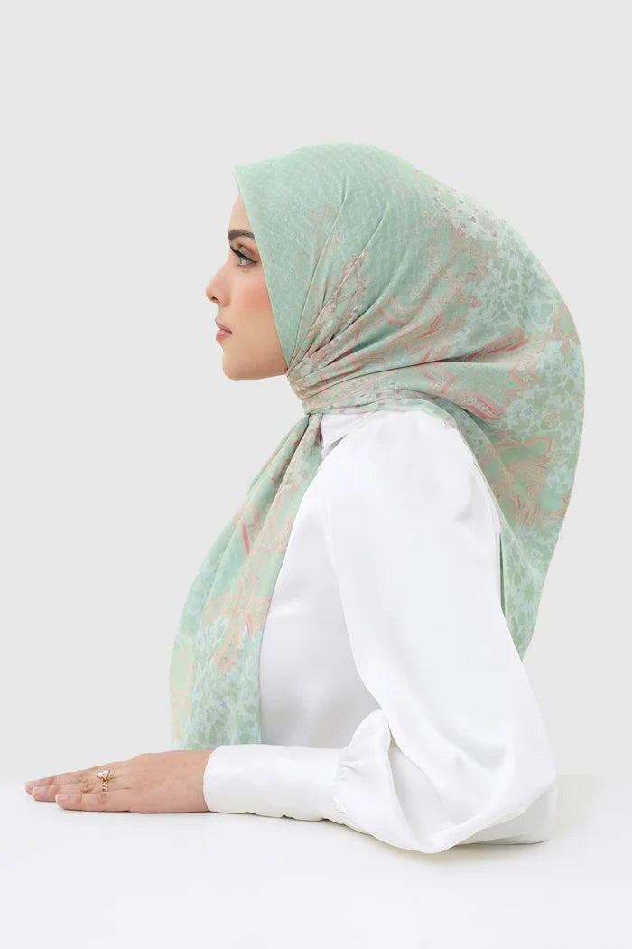 haramain 2 printed square scarf in jade by buttonscarves side view