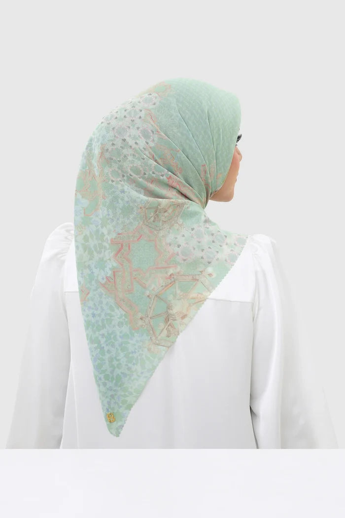 haramain 2 printed square scarf in jade by buttonscarves back view