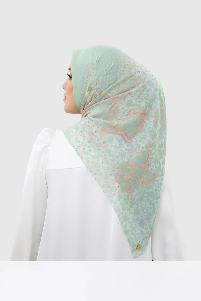 haramain 2 printed square scarf in jade by buttonscarves back view