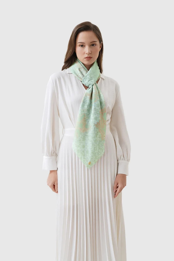 haramain 2 printed square scarf in jade by buttonscarves style look