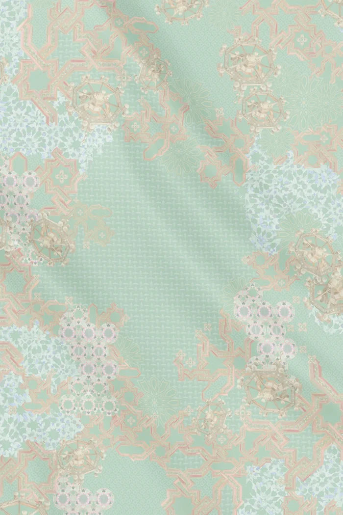 haramain 2 printed square scarf in jade by buttonscarves motifs detail