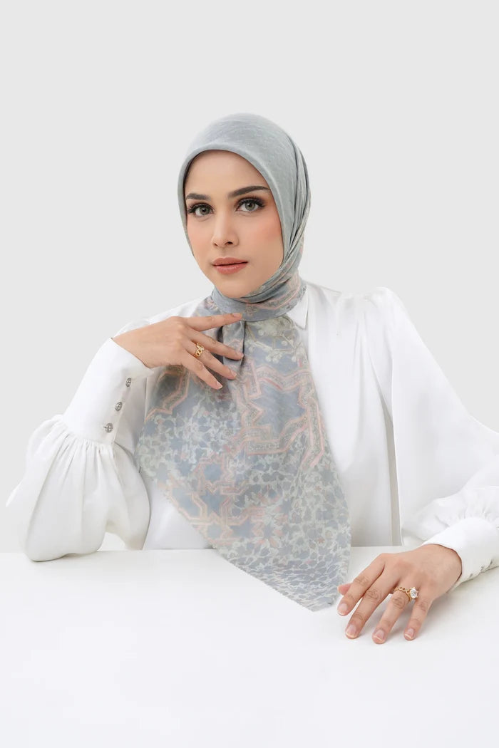 haramain 2 printed square scarf in marwah by buttonscarves front view