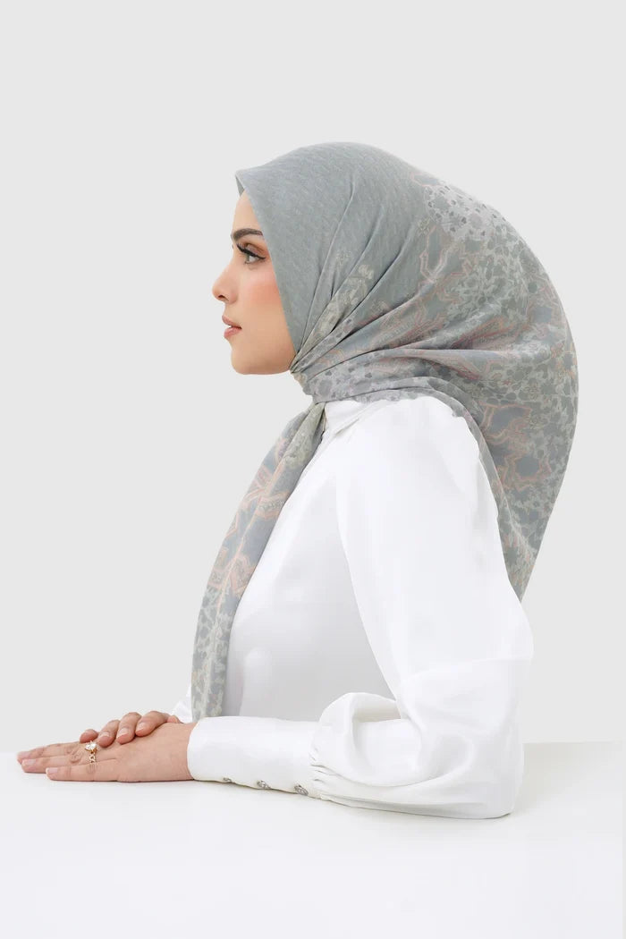 haramain 2 printed square scarf in marwah by buttonscarves side view