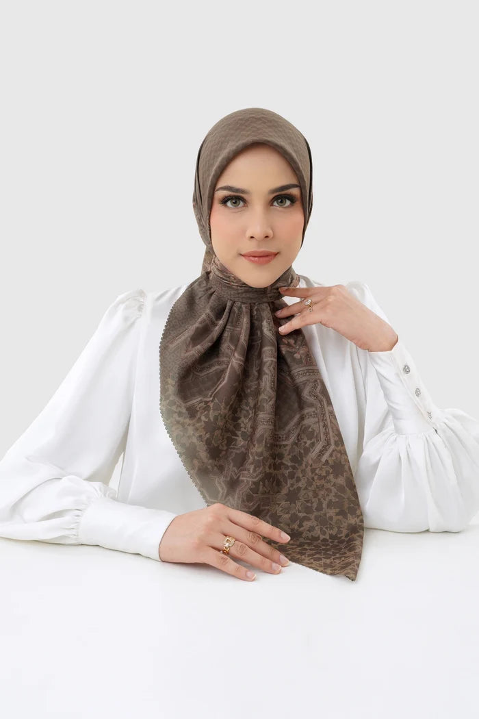haramain 2 printed square scarf in pecan by buttonscarves front view