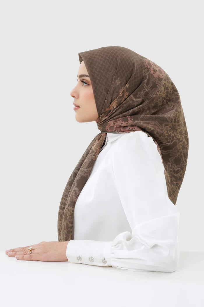 haramain 2 printed square scarf in pecan by buttonscarves side view