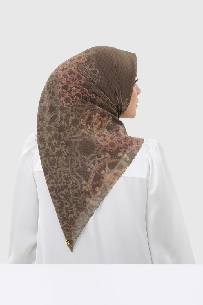 haramain 2 printed square scarf in pecan by buttonscarves back view