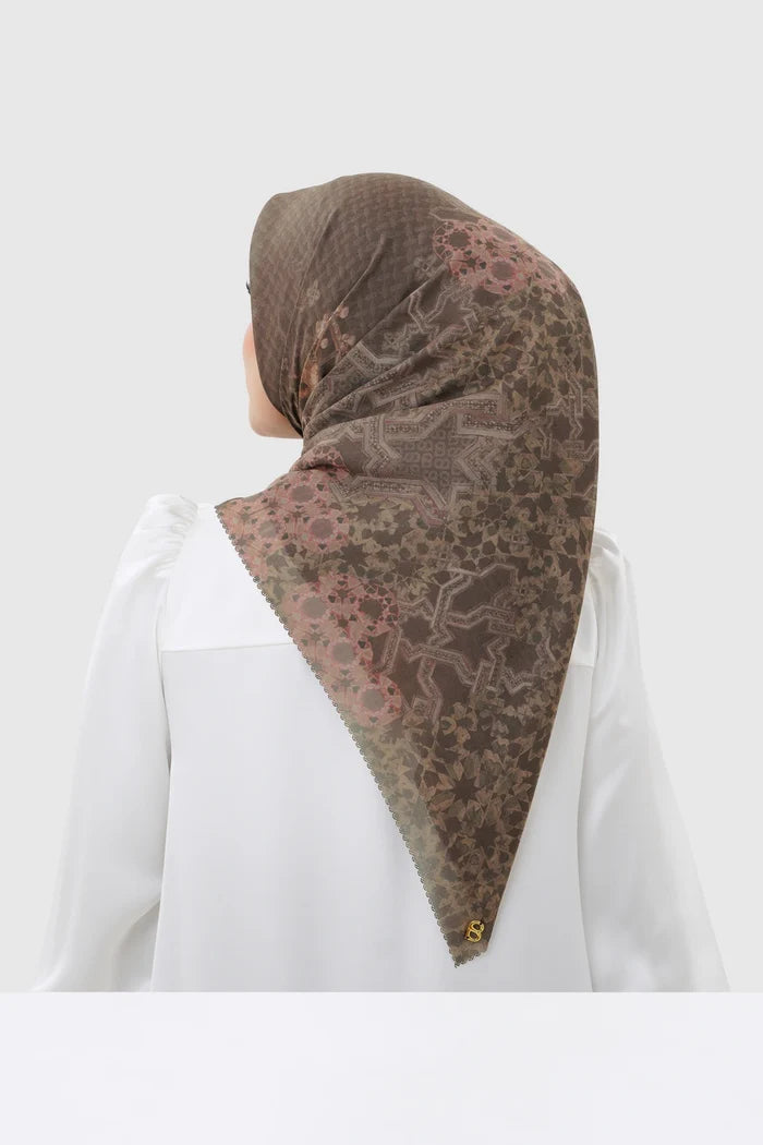 haramain 2 printed square scarf in pecan by buttonscarves back view
