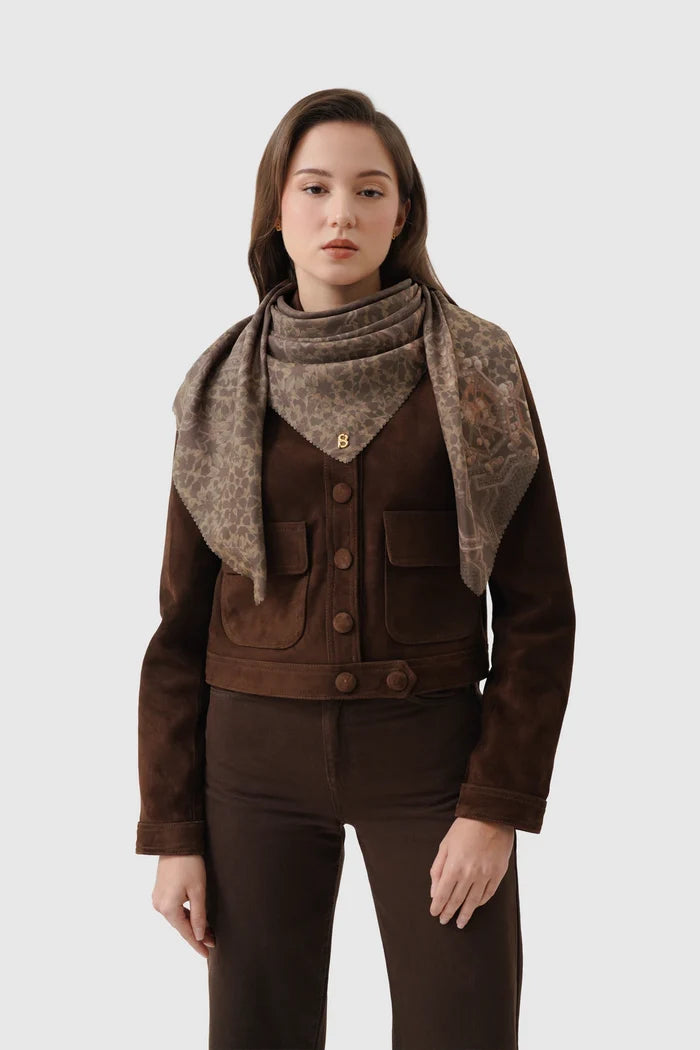 haramain 2 printed square scarf in pecan by buttonscarves style look