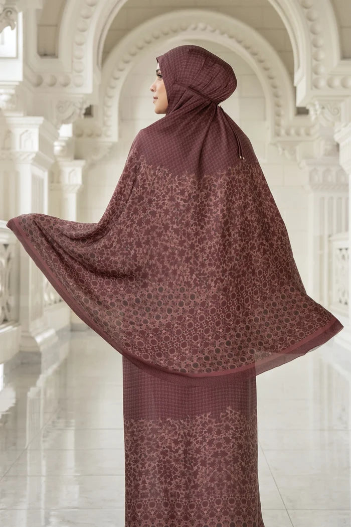 haramain 2 prayer robe in oud red by buttonscarves back view
