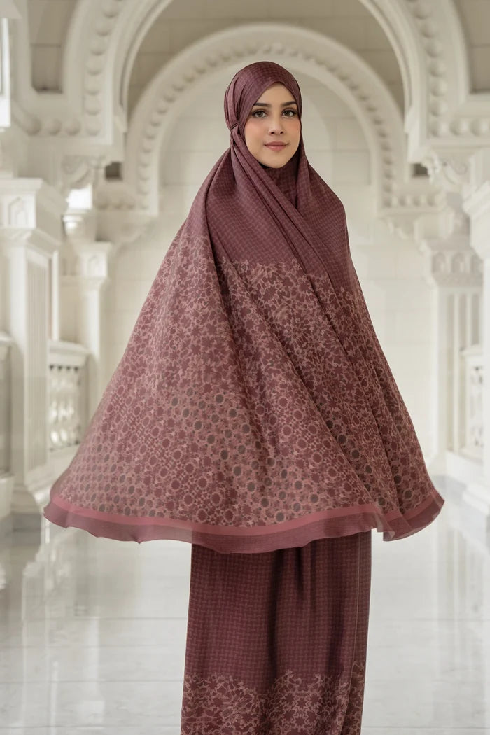 haramain 2 prayer robe in oud red by buttonscarves front view