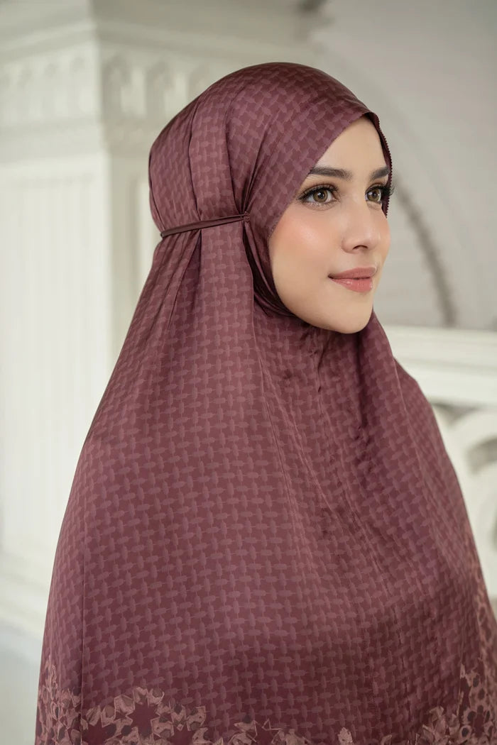 haramain 2 prayer robe in oud red by buttonscarves detail close-up