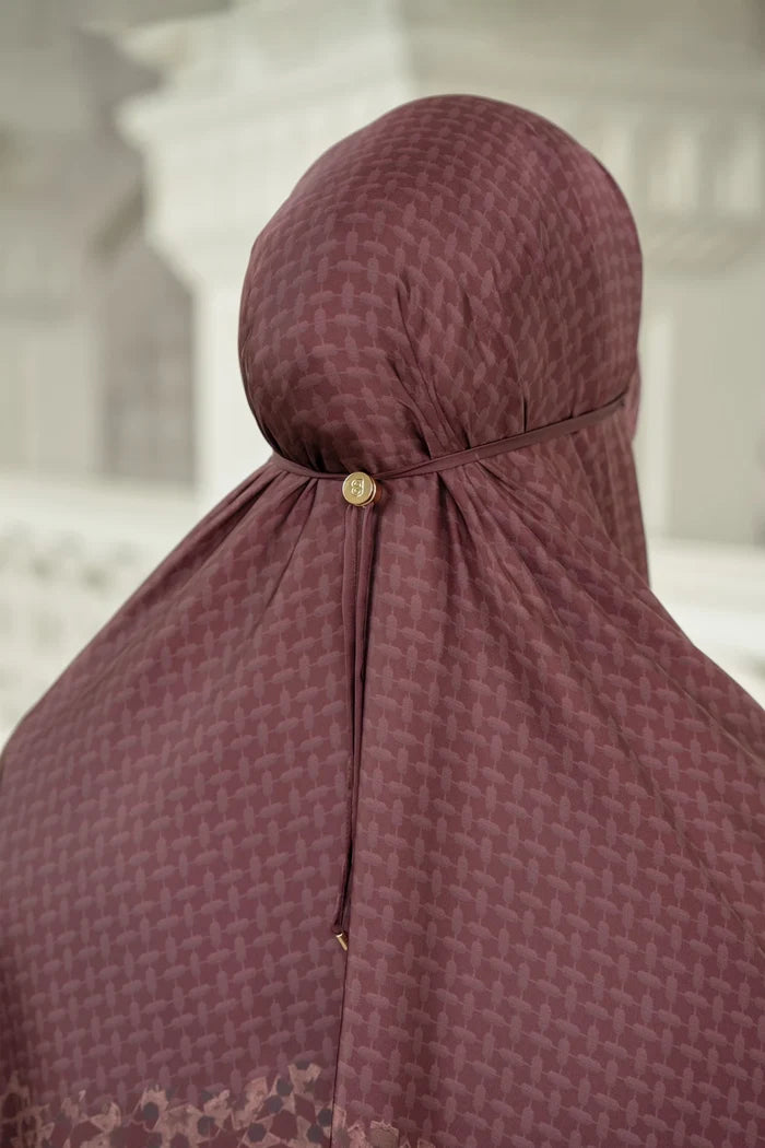 haramain 2 prayer robe in oud red by buttonscarves back view close-up