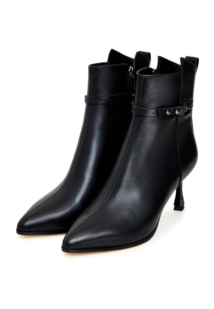 A fashionista's must-have: High heeled leather ankle boots, also known as leather booties, for women. These stylish and fashionable ankle boots are the perfect addition to any outfit.