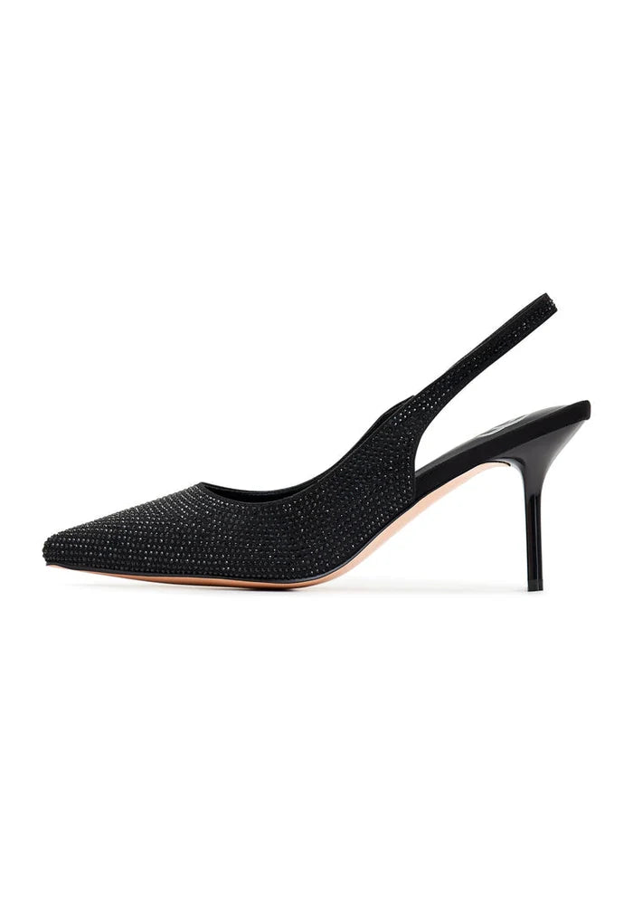 A pair of fashionable black women's high heeled pumps named Harper.