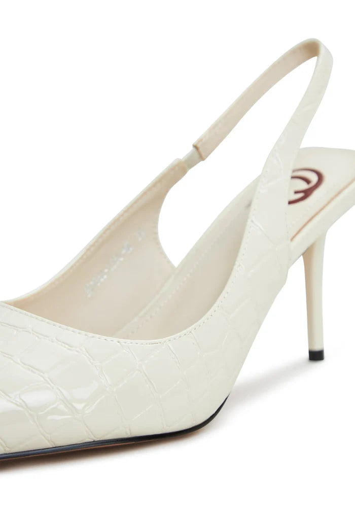 A fashionable pair of white high heeled pumps known as Harper pumps, ideal for women's footwear fashion.