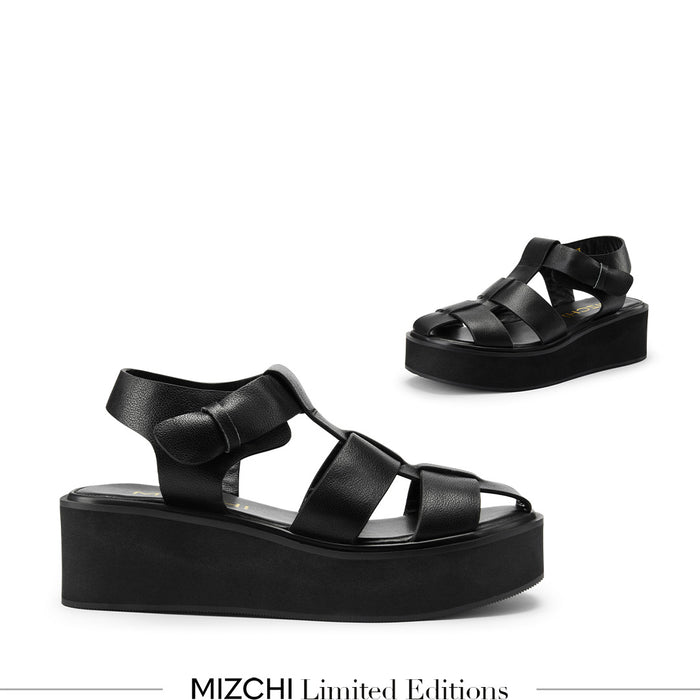 Ingrid - Black Leather Platform Sandals