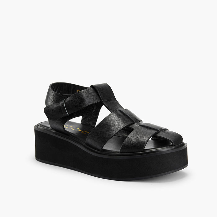 Ingrid - Black Leather Platform Sandals