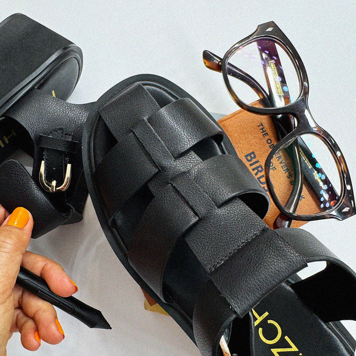 Ingrid - Black Leather Platform Sandals