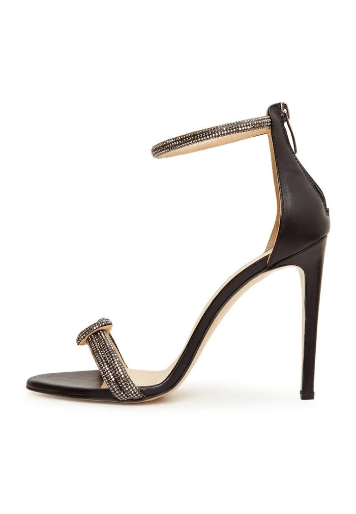 An elegant pair of black high heel sandals with jewel embellishments, perfect for fashion-forward women looking for stylish and sophisticated footwear.