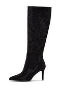 A stylish pair of Knee High Jewel Stiletto Boots in black, also known as Mili Black Boots, perfect for women looking for fashionable and trendy Women's Stiletto Boots.