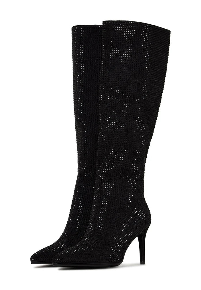 A chic pair of knee high boots in black, featuring jewel embellishments on the stiletto heels, known as the Mili Black Boots - a must-have for any fashionable woman's wardrobe.
