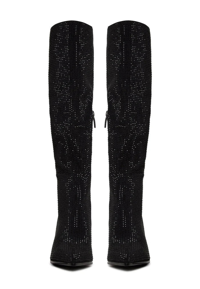 Step out in style with these fashionable knee-high Jewel Stiletto Boots, also known as Mili Black Boots, perfect for any woman looking to make a statement with their footwear.