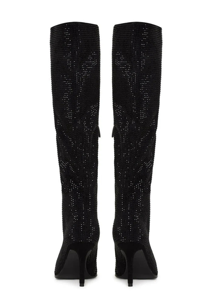 A pair of trendy knee-high Jewel Stiletto Boots in black, also known as Mili Black Boots, a stylish choice for women's stiletto boot fashionistas.