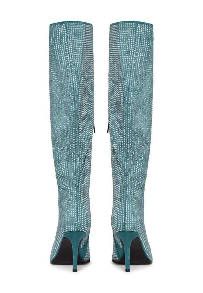 A stylish pair of knee-high jewel stiletto boots in blue, featuring unique Mili design and sexy stiletto heels.