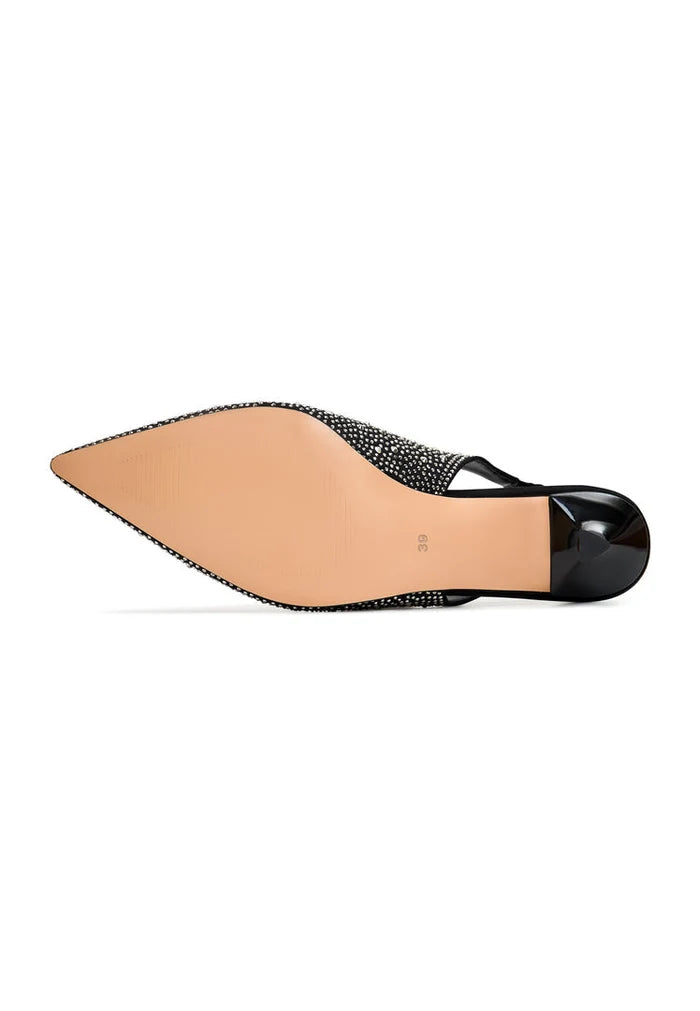 A stylish pair of women's black suede high heeled pumps, known as Samantha pumps, perfect for any occasion.