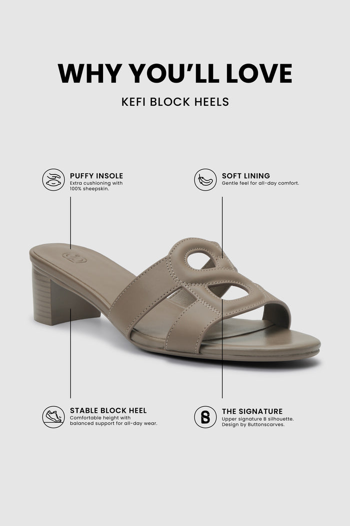 kefi block heels in taupe by buttonscarves feature overview