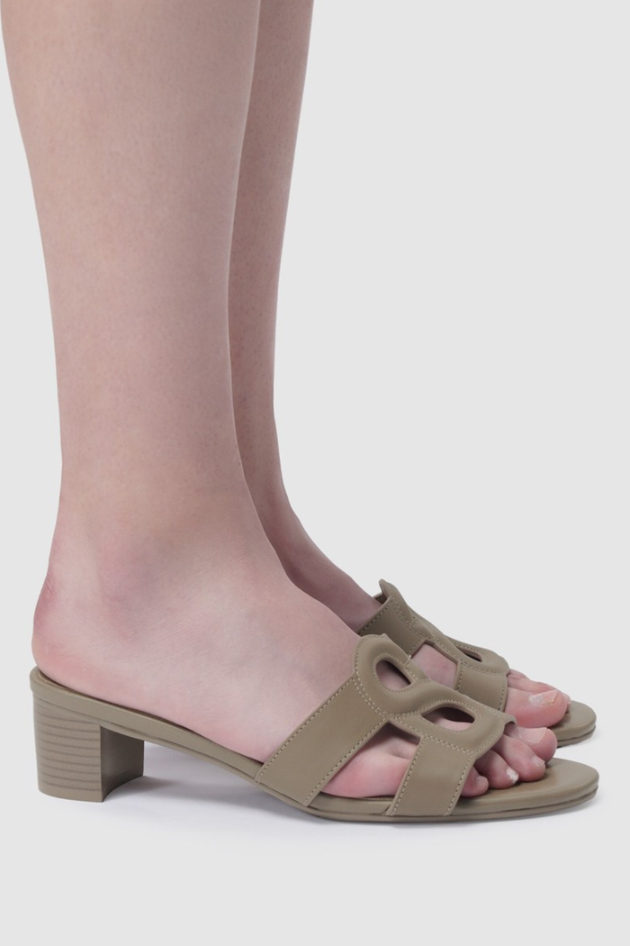 kefi block heels in taupe by buttonscarves worn side view