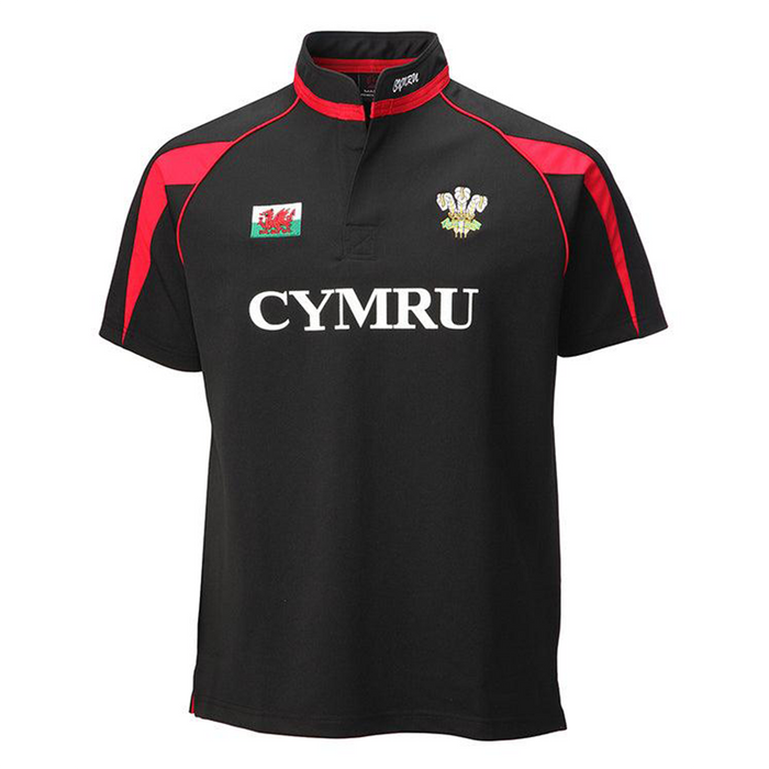Kids Black Poly Style WALES Rugby Shirt | Lightweight, Durable & Breathable Rugby Jersey | Stylish Black Design with Bold WALES Logo for Training, Matches, PE, Sports Clubs & Supporter Wear