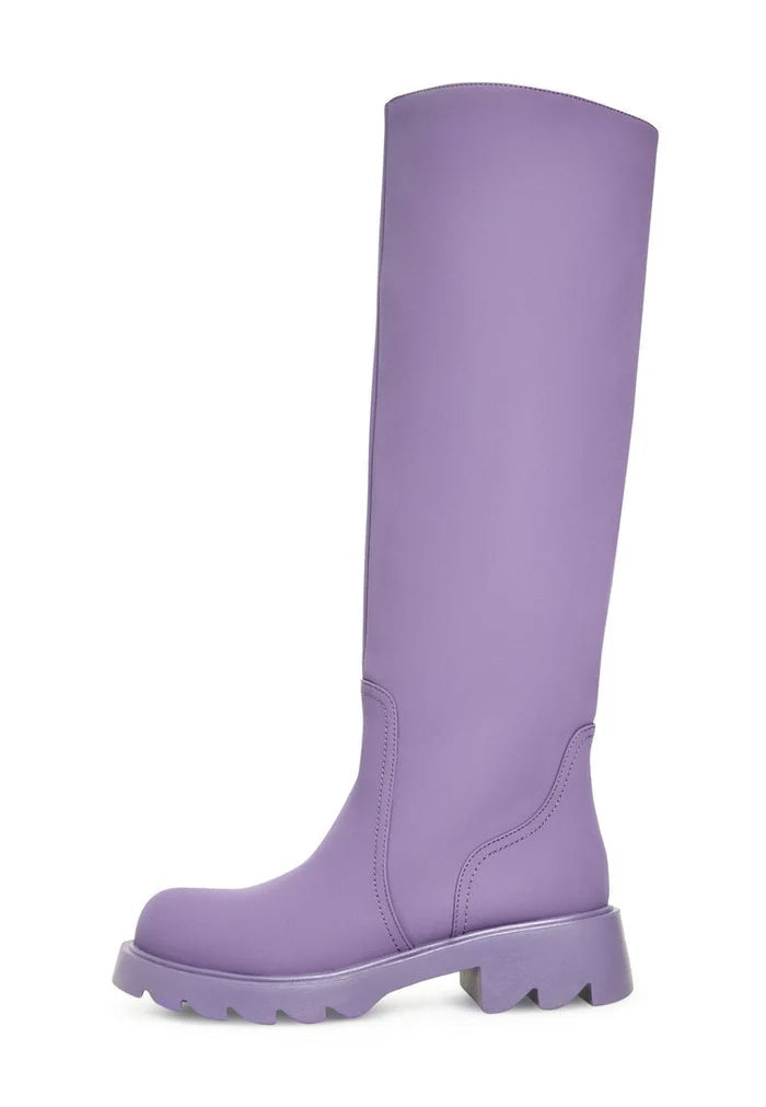 A pair of women's trendy knee-high chunky sole lilac boots, perfect for adding a fashionable touch to any outfit.