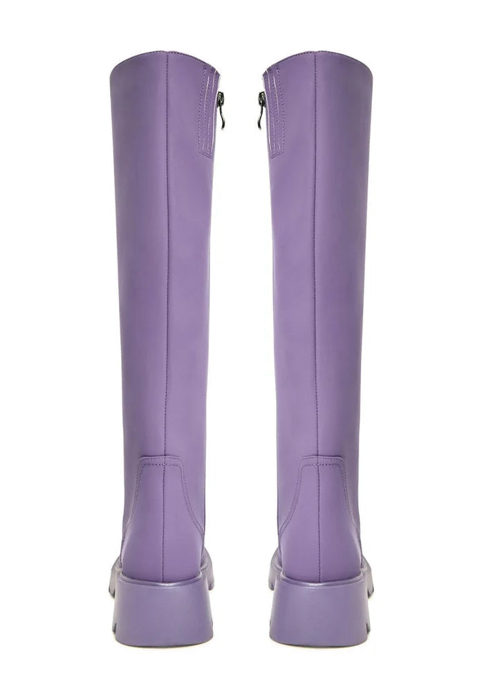 A stylish pair of chunky sole knee-high lilac boots, perfect for women's fashion with a trendy twist.