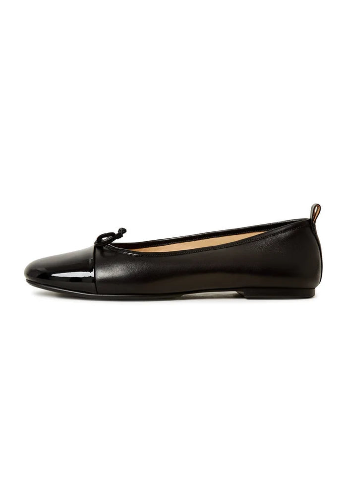 A stylish pair of black patent leather ballerinas, the Mila ballerinas, perfect for women's casual or formal attire.