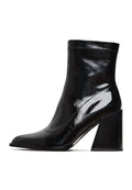 A close-up image of women's stylish Layla leather block heel boots in patent black, featuring a trendy chunky heel design.