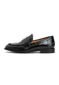 A stylish pair of black leather block heeled loafers, perfect for women looking for chic and comfortable leather shoes.
