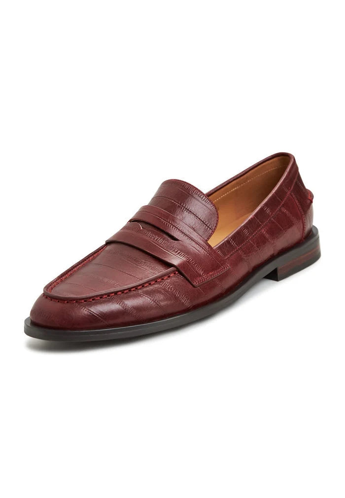 A stylish image featuring a pair of leather loafers and block heeled shoes in trendy Bordeaux color, ideal for women looking for fashionable heels.