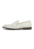 A stylish pair of white leather block heeled loafers, perfect for any fashionable woman's footwear collection.