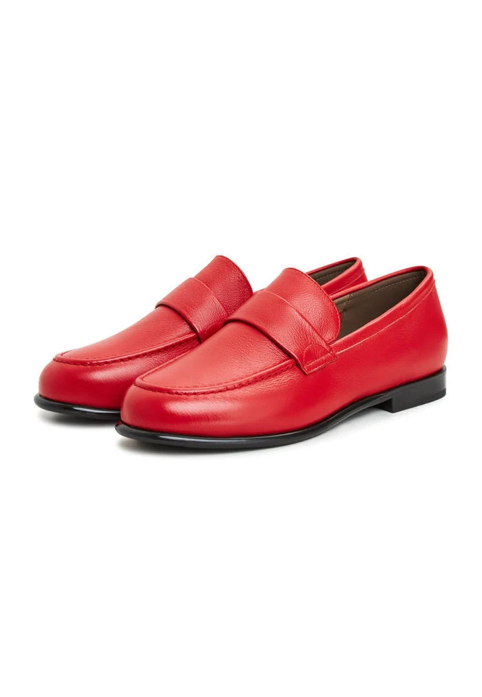 A stylish pair of red leather Abigail loafers with block heels.